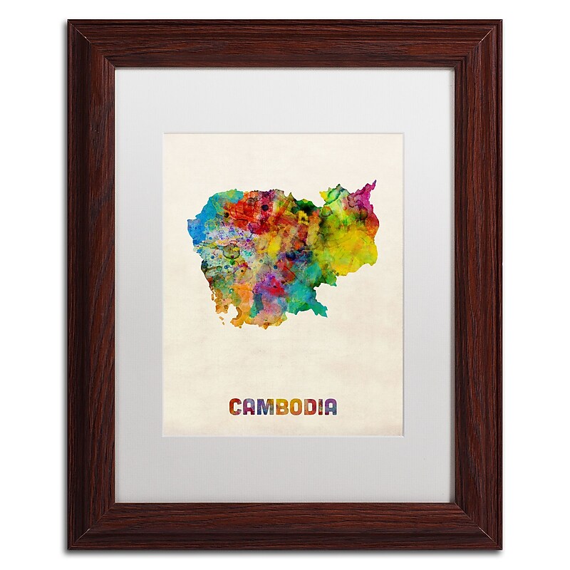 Trademark Fine Art ''Cambodia Watercolor Map'' by Michael Tompsett 11" x 14" White Matted Wood Frame (MT0509-W1114MF) image 1