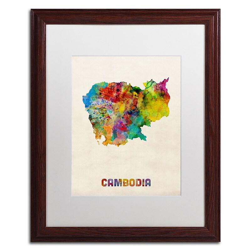 Trademark Fine Art ''Cambodia Watercolor Map'' by Michael Tompsett 16" x 20" White Matted Wood Frame (MT0509-W1620MF) image 1