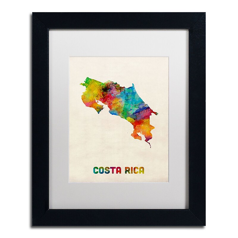 Trademark Fine Art ''Costa Rica Watercolor Map'' by Michael Tompsett 11" x 14" White Matted Black Frame (MT0510-B1114MF) image 1