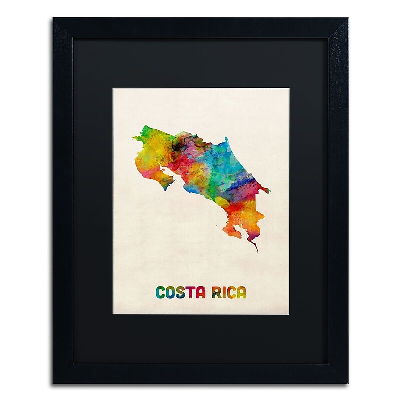 Trademark Fine Art ''Costa Rica Watercolor Map'' by Michael Tompsett 16" x 20" Black Matted Black Frame (MT0510-B1620BMF) image 1