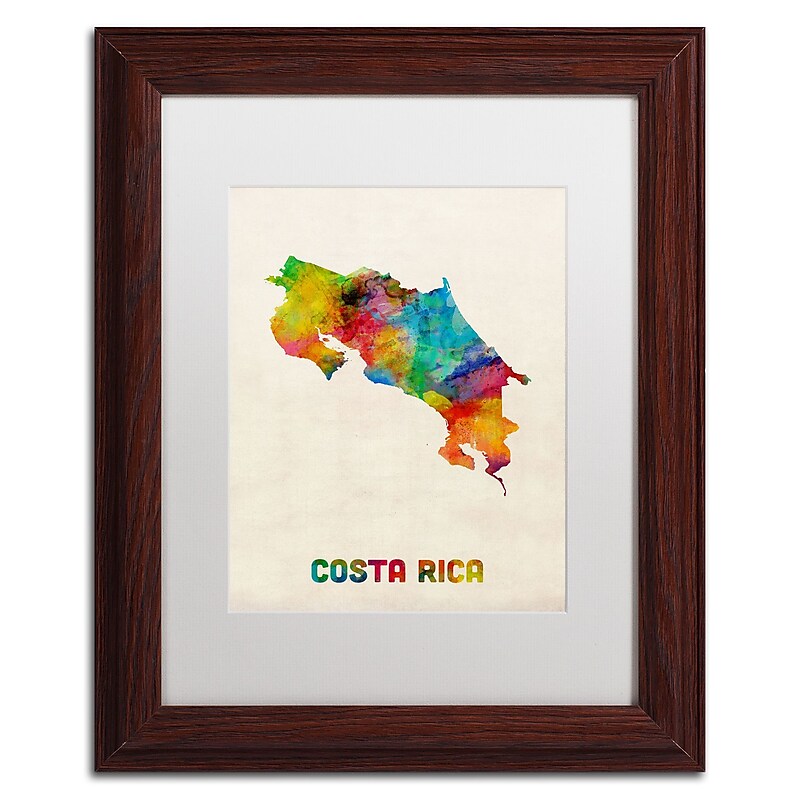 Trademark Fine Art ''Costa Rica Watercolor Map'' by Michael Tompsett 11" x 14" White Matted Wood Frame (MT0510-W1114MF) image 1