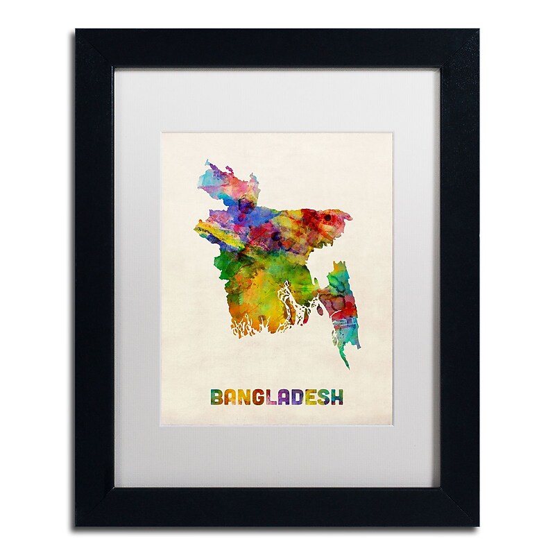 Trademark Fine Art ''Bangladesh Watercolor Map'' by Michael Tompsett 11" x 14" White Matted Black Frame (MT0511-B1114MF) image 1