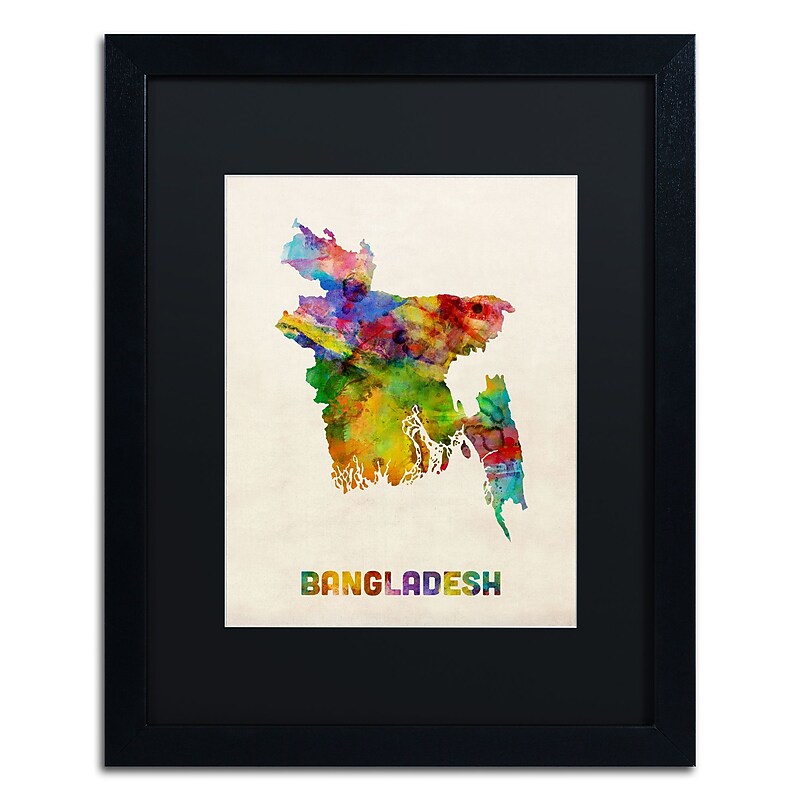 Trademark Fine Art ''Bangladesh Watercolor Map'' by Michael Tompsett 16" x 20" Black Matted Black Frame (MT0511-B1620BMF) image 1
