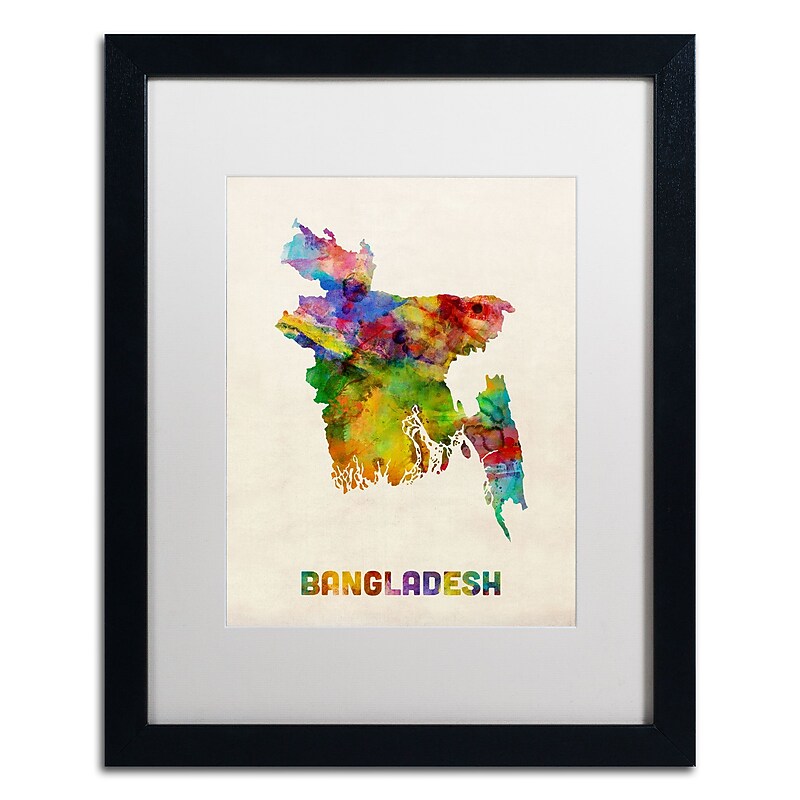 Trademark Fine Art ''Bangladesh Watercolor Map'' by Michael Tompsett 16" x 20" White Matted Black Frame (MT0511-B1620MF) image 1