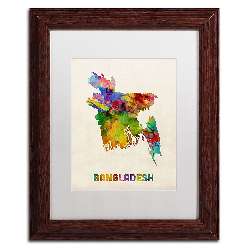 Trademark Fine Art ''Bangladesh Watercolor Map'' by Michael Tompsett 11" x 14" White Matted Wood Frame (MT0511-W1114MF) image 1