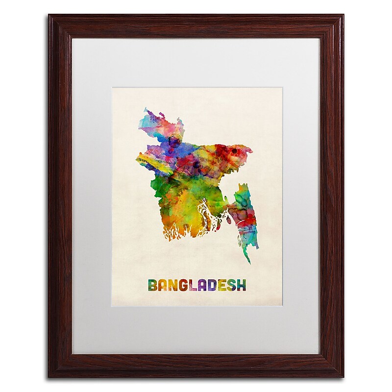 Trademark Fine Art ''Bangladesh Watercolor Map'' by Michael Tompsett 16" x 20" White Matted Wood Frame (MT0511-W1620MF) image 1