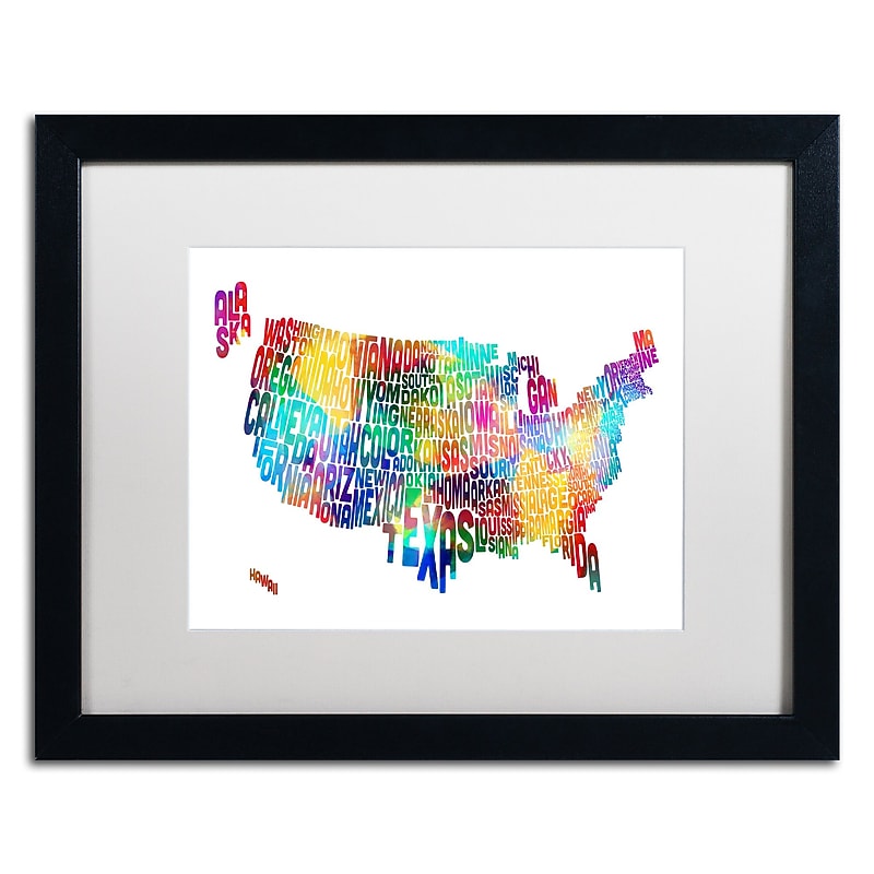 Trademark Fine Art ''United States Typography Map 2'' by Michael Tompsett 16" x 20" White Matted Black Frame (MT0513-B1620MF) image 1