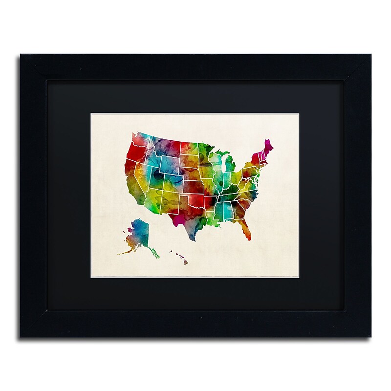 Trademark Fine Art ''United States Watercolor Map 2'' by Michael Tompsett 11" x 14" Black Matted Black Frame (MT0514-B1114BMF) image 1