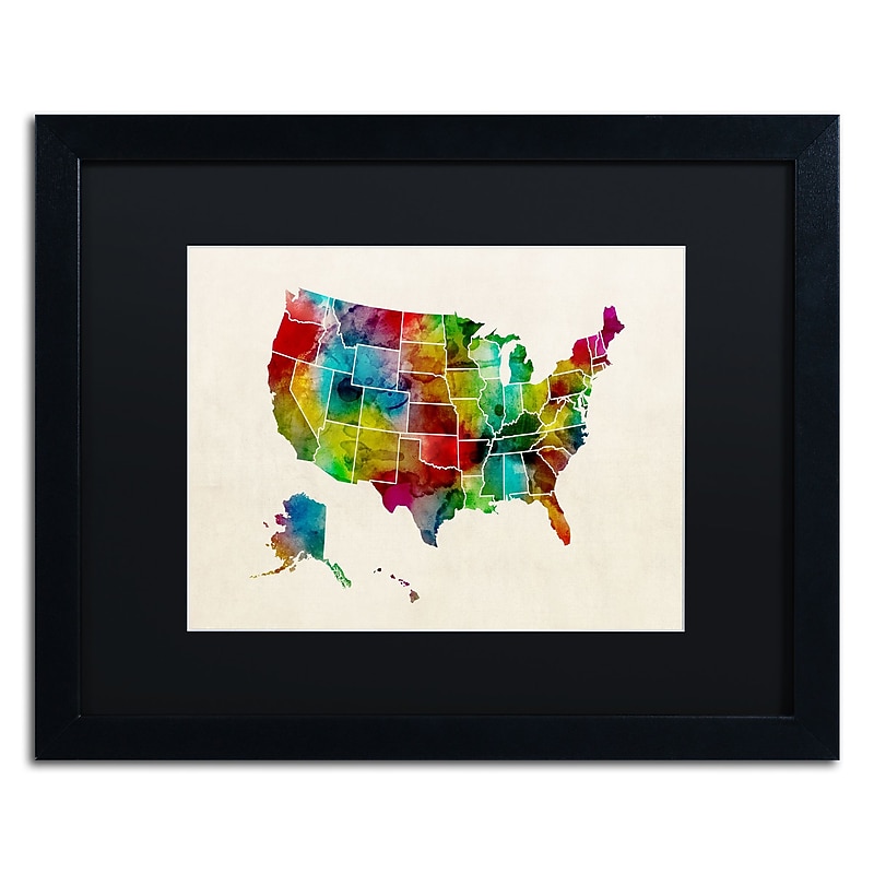 Trademark Fine Art ''United States Watercolor Map 2'' by Michael Tompsett 16" x 20" Black Matted Black Frame (MT0514-B1620BMF) image 1