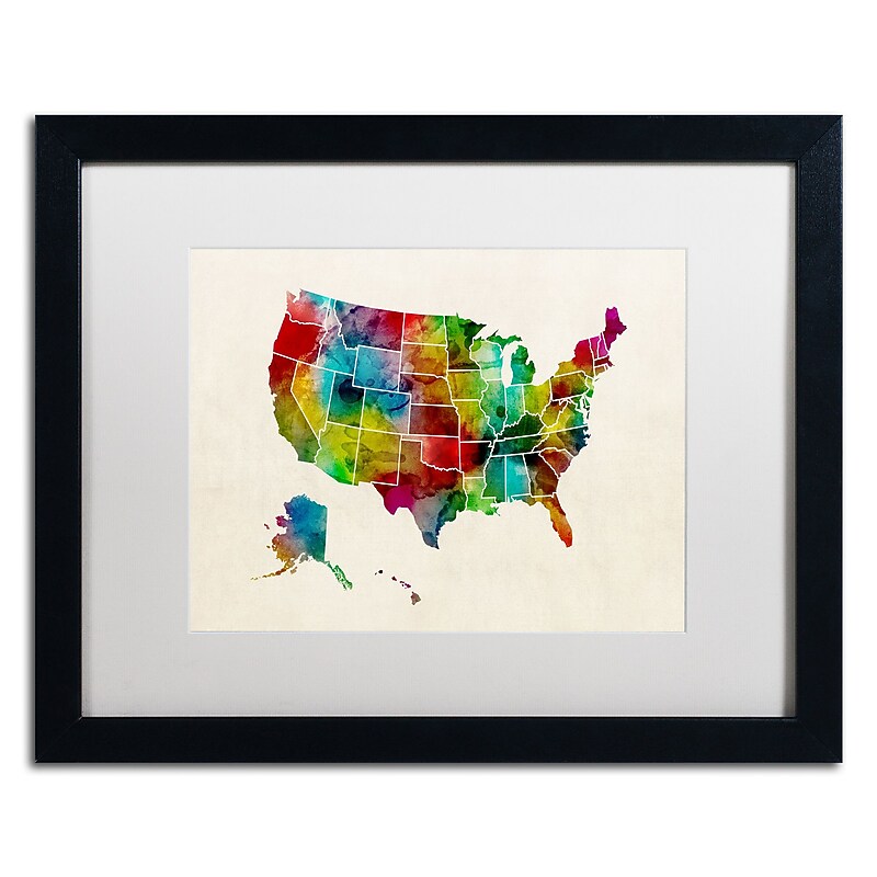 Trademark Fine Art ''United States Watercolor Map 2'' by Michael Tompsett 16" x 20" White Matted Black Frame (MT0514-B1620MF) image 1