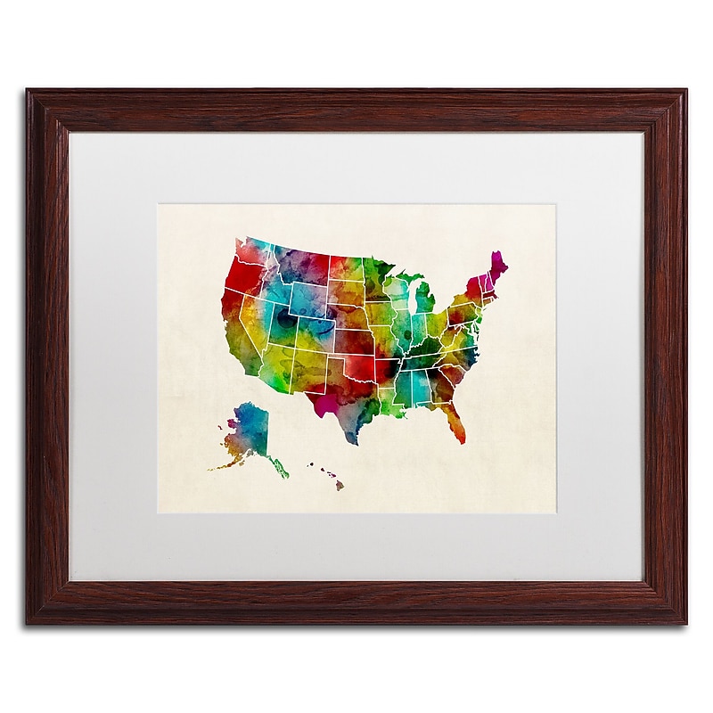 Trademark Fine Art ''United States Watercolor Map 2'' by Michael Tompsett 16" x 20" White Matted Wood Frame (MT0514-W1620MF) image 1