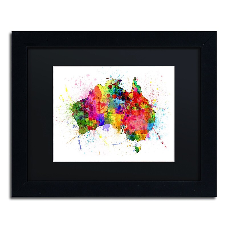 Trademark Fine Art ''Australia Paint Splashes Map'' by Michael Tompsett 11" x 14" Black Matted Black Frame (MT0515-B1114BMF) image 1