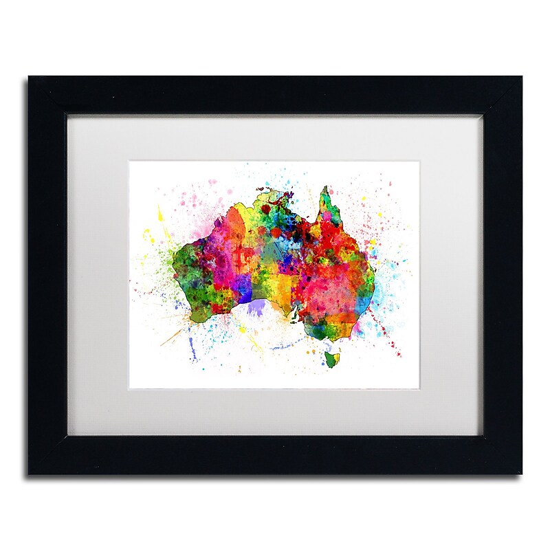 Trademark Fine Art ''Australia Paint Splashes Map'' by Michael Tompsett 11" x 14" White Matted Black Frame (MT0515-B1114MF) image 1