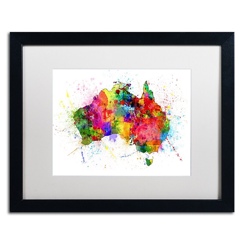 Trademark Fine Art ''Australia Paint Splashes Map'' by Michael Tompsett 16" x 20" White Matted Black Frame (MT0515-B1620MF) image 1
