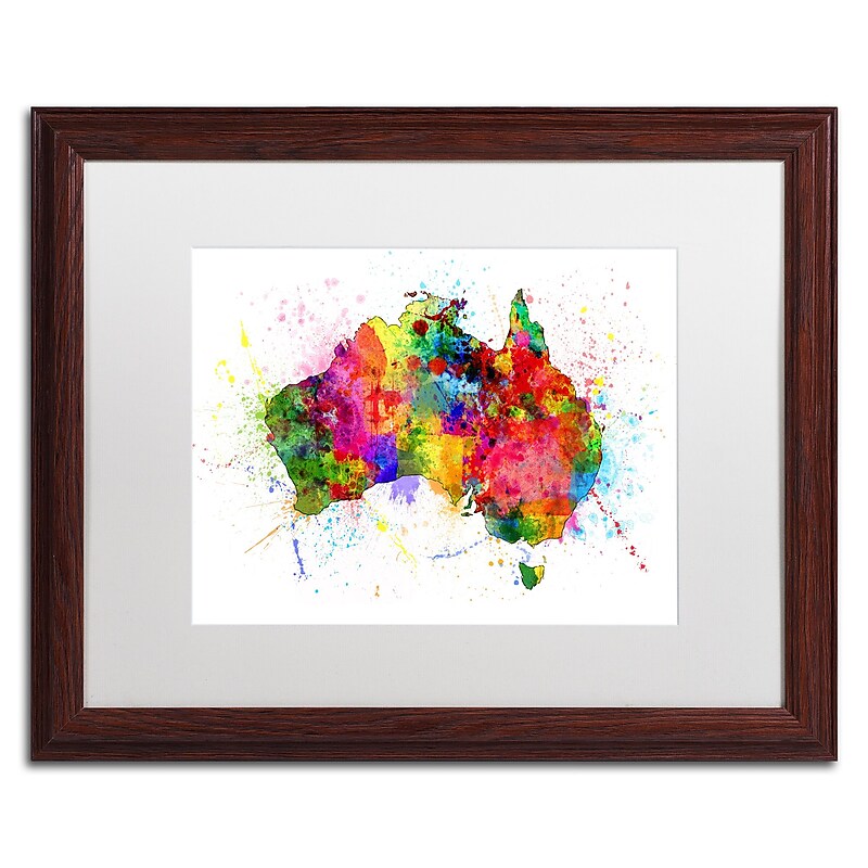 Trademark Fine Art ''Australia Paint Splashes Map'' by Michael Tompsett 16" x 20" White Matted Wood Frame (MT0515-W1620MF) image 1