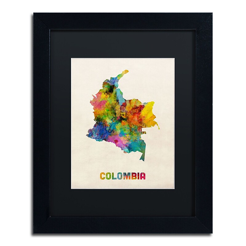 Trademark Fine Art ''Colombia Watercolor Map'' by Michael Tompsett 11" x 14" Black Matted Black Frame (MT0518-B1114BMF) image 1