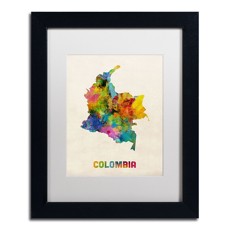 Trademark Fine Art ''Colombia Watercolor Map'' by Michael Tompsett 11" x 14" White Matted Black Frame (MT0518-B1114MF) image 1