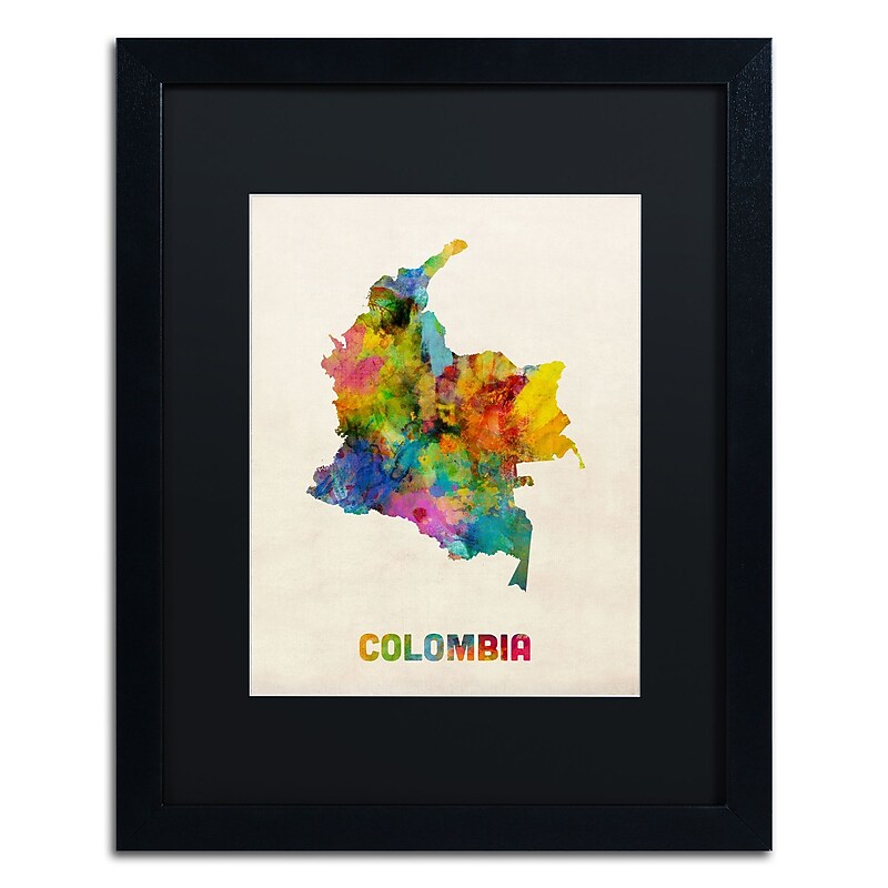 Trademark Fine Art ''Colombia Watercolor Map'' by Michael Tompsett 16" x 20" Black Matted Black Frame (MT0518-B1620BMF) image 1