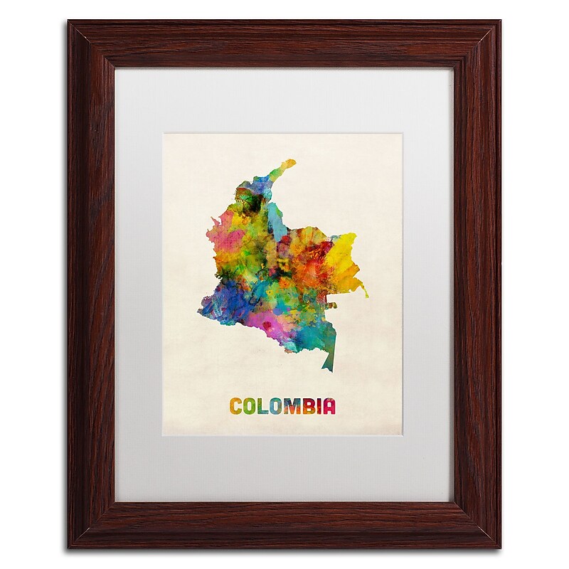 Trademark Fine Art ''Colombia Watercolor Map'' by Michael Tompsett 11" x 14" White Matted Wood Frame (MT0518-W1114MF) image 1