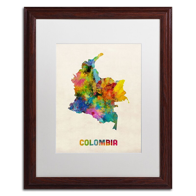 Trademark Fine Art ''Colombia Watercolor Map'' by Michael Tompsett 16" x 20" White Matted Wood Frame (MT0518-W1620MF) image 1