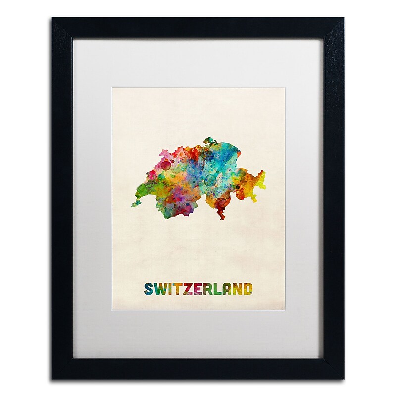 Trademark Fine Art ''Switzerland Watercolor Map'' by Michael Tompsett 16" x 20" White Matted Black Frame (MT0520-B1620MF) image 1
