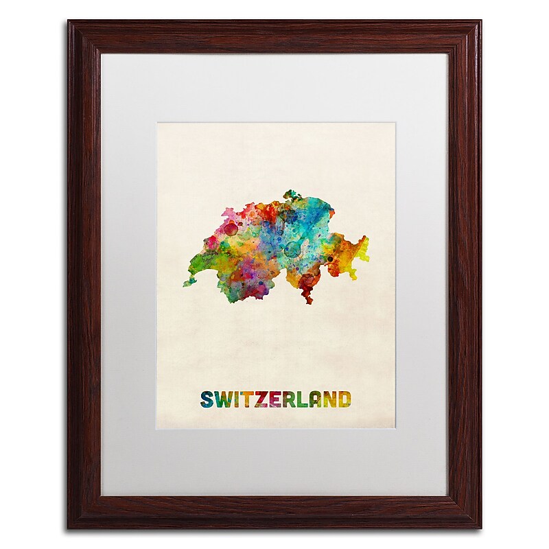 Trademark Fine Art ''Switzerland Watercolor Map'' by Michael Tompsett 16" x 20" White Matted Wood Frame (MT0520-W1620MF) image 1