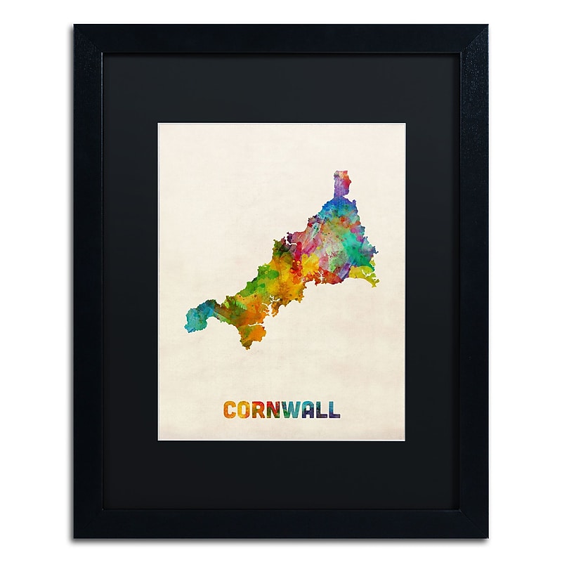Trademark Fine Art ''Cornwall England Watercolor Map'' by Michael Tompsett 16" x 20" Black Matted Black Frame (MT0521-B1620BMF) image 1
