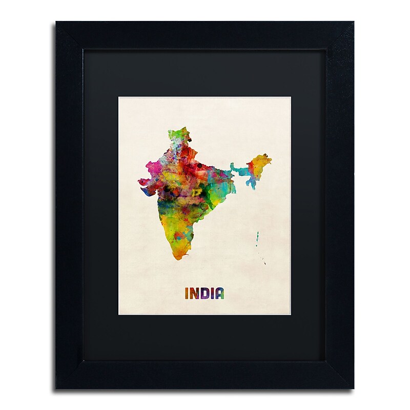 Trademark Fine Art ''India Watercolor Map'' by Michael Tompsett 11" x 14" Black Matted Black Frame (MT0522-B1114BMF) image 1
