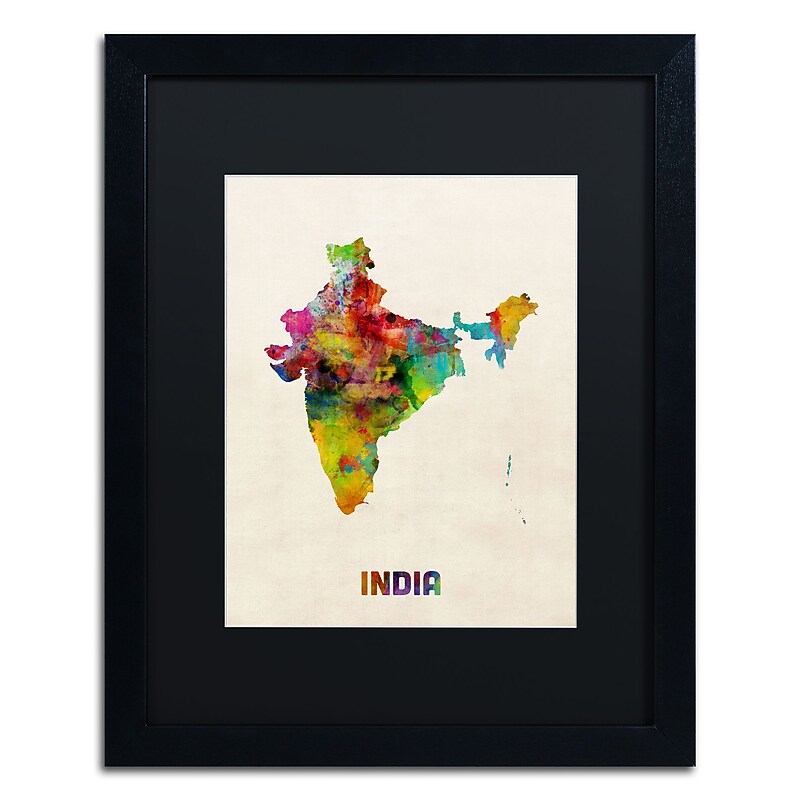 Trademark Fine Art ''India Watercolor Map'' by Michael Tompsett 16" x 20" Black Matted Black Frame (MT0522-B1620BMF) image 1