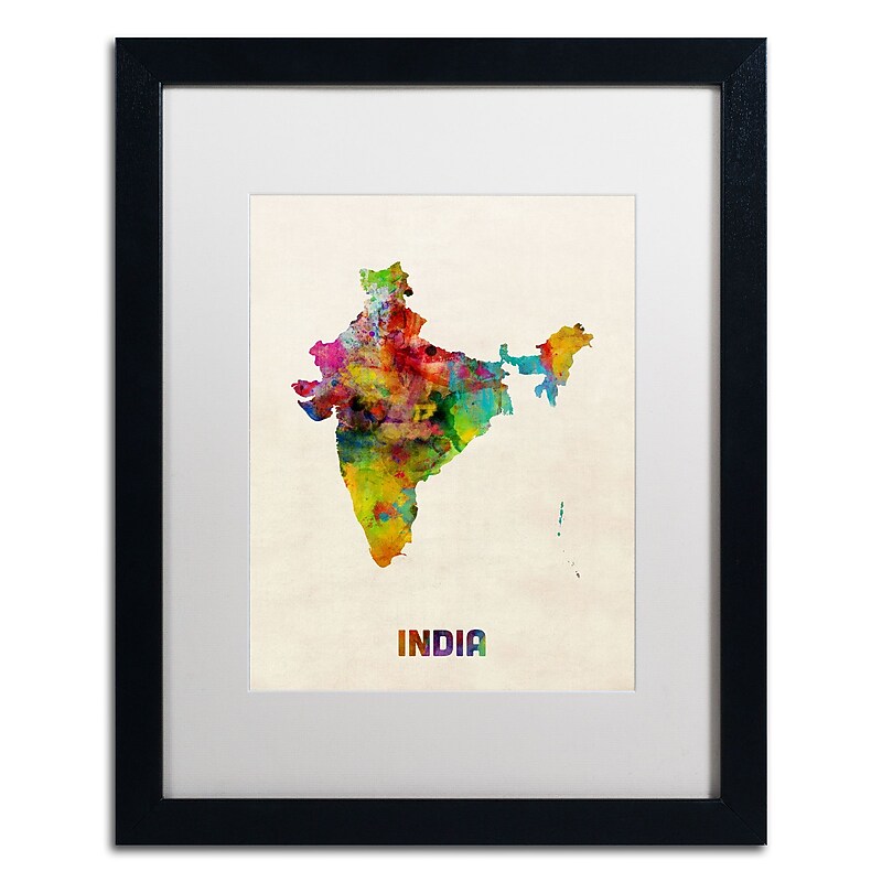Trademark Fine Art ''India Watercolor Map'' by Michael Tompsett 16" x 20" White Matted Black Frame (MT0522-B1620MF) image 1
