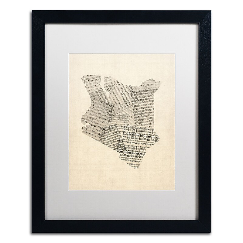 Trademark Fine Art ''Old Sheet Music Map of Kenya'' by Michael Tompsett 16" x 20" White Matted Black Frame (MT0523-B1620MF) image 1