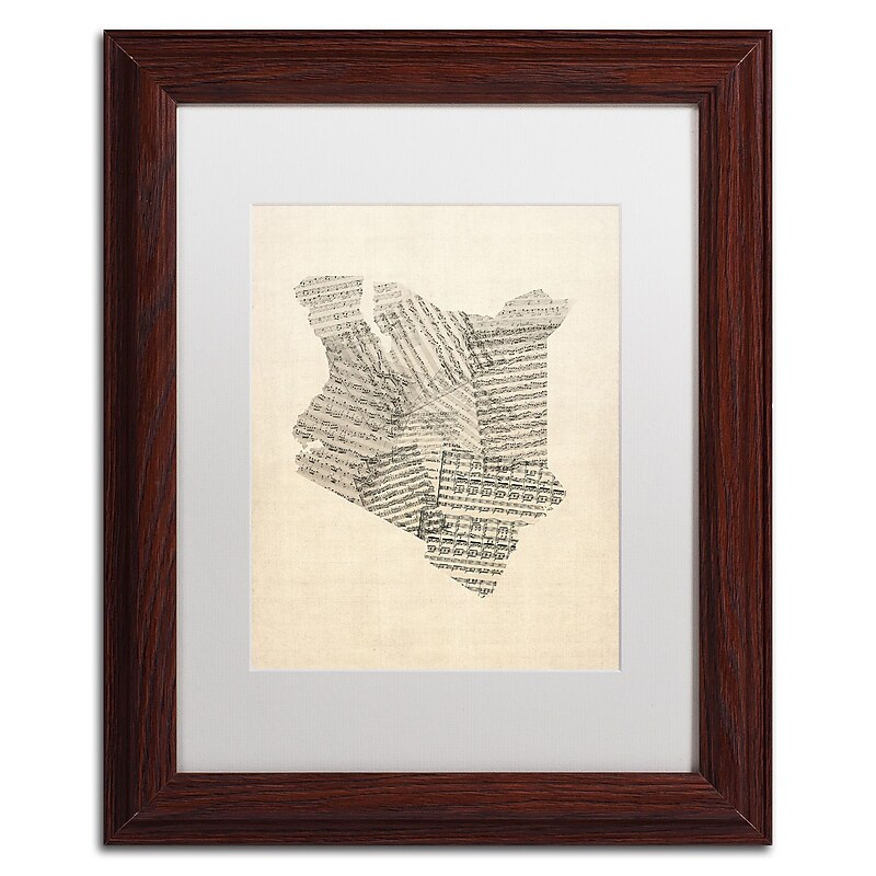 Trademark Fine Art ''Old Sheet Music Map of Kenya'' by Michael Tompsett 11" x 14" White Matted Wood Frame (MT0523-W1114MF) image 1