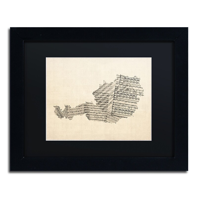 Trademark Fine Art ''Old Sheet Music Map of Austria'' by Michael Tompsett 11" x 14" Black Matted Black Frame (MT0524-B1114BMF) image 1