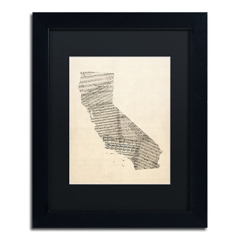 Trademark Fine Art ''Old Sheet Music Map of California'' by Michael Tompsett 11" x 14" Black Frame (MT0527-B1114BMF) image 1