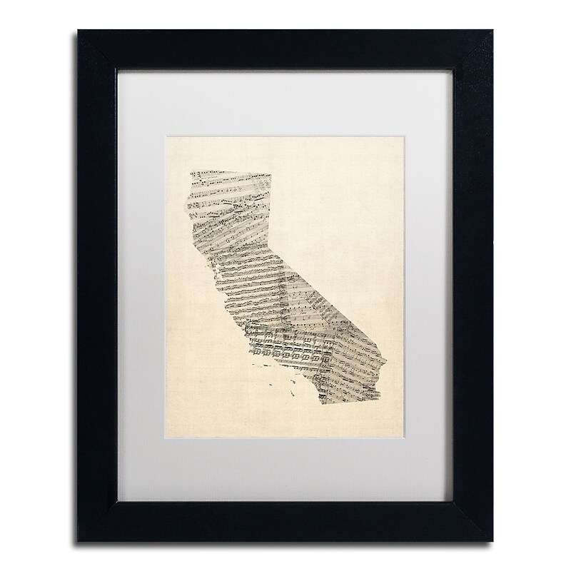 Trademark Fine Art ''Old Sheet Music Map of California'' by Michael Tompsett 11" x 14" Black Frame (MT0527-B1114MF) image 1