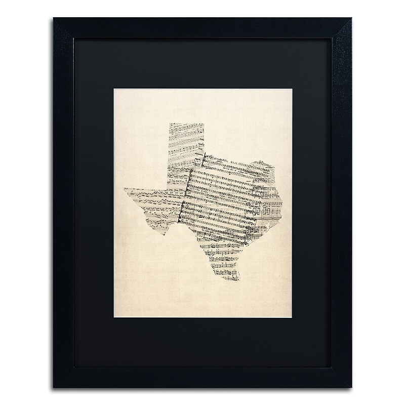 Trademark Fine Art ''Old Sheet Music Map of Texas'' by Michael Tompsett 16" x 20" Black Matted Black Frame (MT0528-B1620BMF) image 1