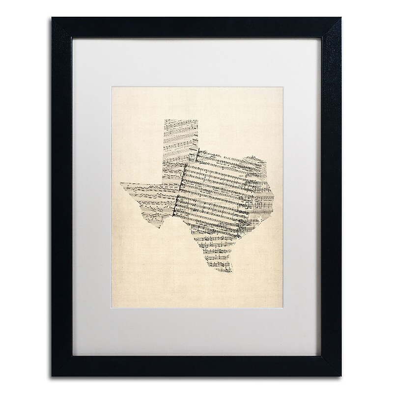 Trademark Fine Art ''Old Sheet Music Map of Texas'' by Michael Tompsett 16" x 20" White Matted Black Frame (MT0528-B1620MF) image 1