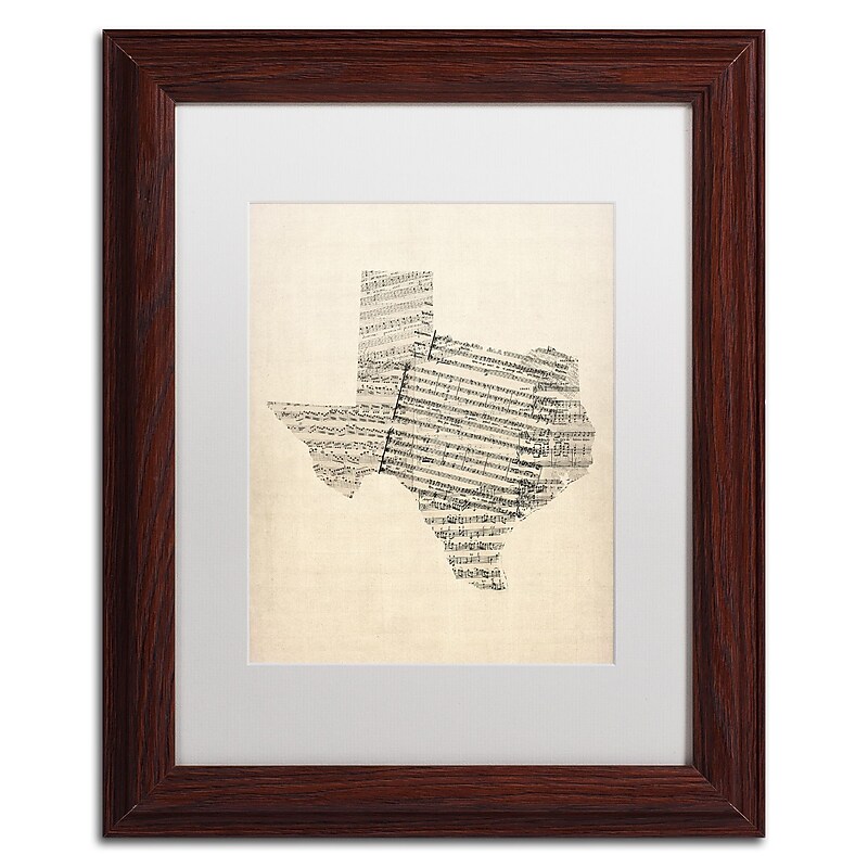 Trademark Fine Art ''Old Sheet Music Map of Texas'' by Michael Tompsett 11" x 14" White Matted Wood Frame (MT0528-W1114MF) image 1