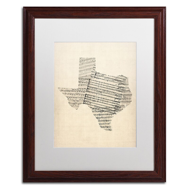 Trademark Fine Art ''Old Sheet Music Map of Texas'' by Michael Tompsett 16" x 20" White Matted Wood Frame (MT0528-W1620MF) image 1