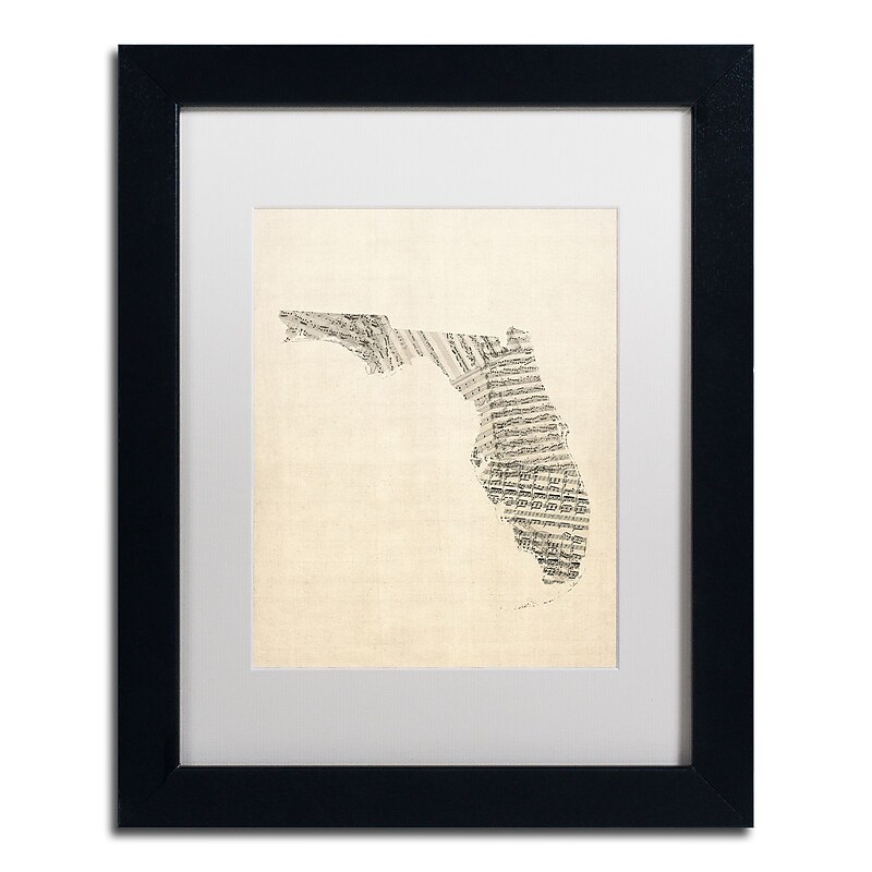 Trademark Fine Art ''Old Sheet Music Map of Florida'' by Michael Tompsett 11" x 14" White Matted Black Frame (MT0529-B1114MF) image 1
