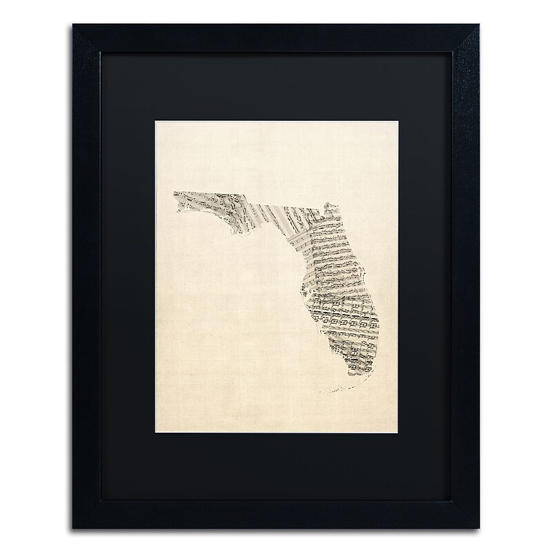 Trademark Fine Art ''Old Sheet Music Map of Florida'' by Michael Tompsett 16" x 20" Black Matted Black Frame (MT0529-B1620BMF) image 1