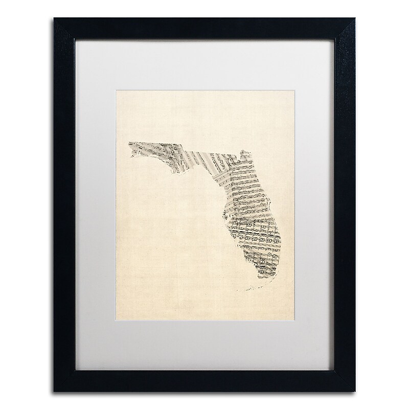 Trademark Fine Art ''Old Sheet Music Map of Florida'' by Michael Tompsett 16" x 20" White Matted Black Frame (MT0529-B1620MF) image 1