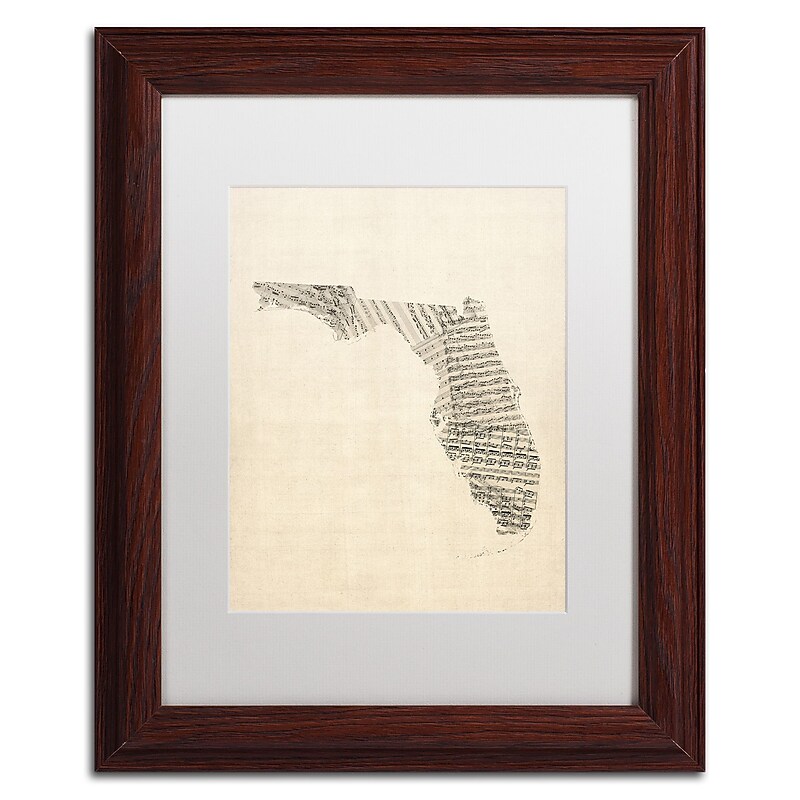 Trademark Fine Art ''Old Sheet Music Map of Florida'' by Michael Tompsett 11" x 14" White Matted Wood Frame (MT0529-W1114MF) image 1