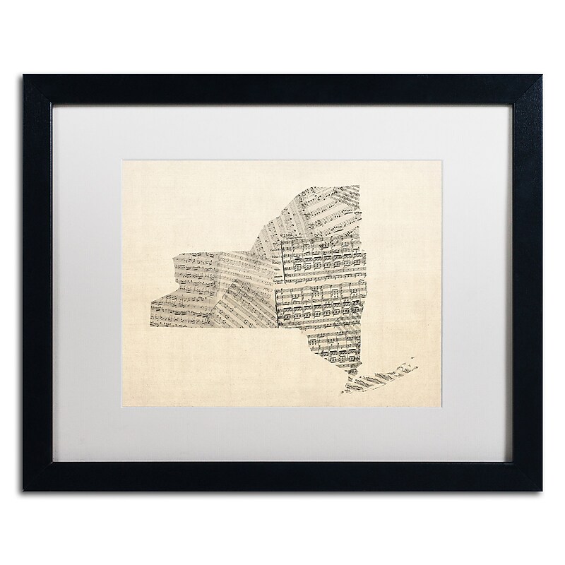 Trademark Fine Art ''Old Sheet Music Map of New York'' by Michael Tompsett 16" x 20" White Matted Black Frame (MT0530-B1620MF) image 1