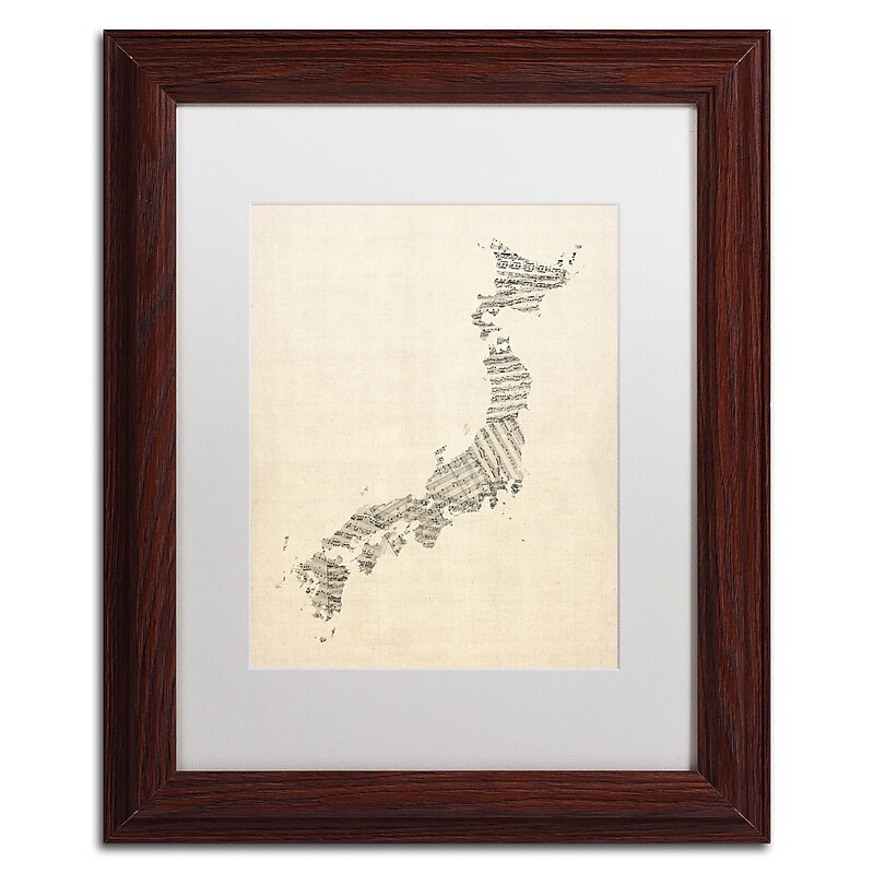 Trademark Fine Art ''Old Sheet Music Map of Japan'' by Michael Tompsett 11" x 14" White Matted Wood Frame (MT0531-W1114MF) image 1