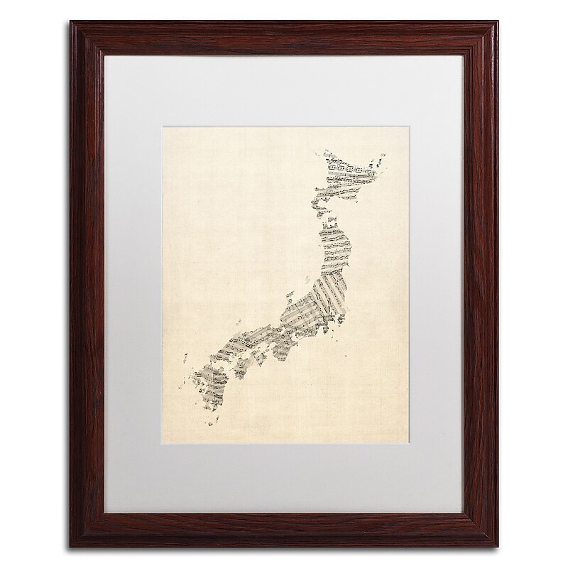 Trademark Fine Art ''Old Sheet Music Map of Japan'' by Michael Tompsett 16" x 20" White Matted Wood Frame (MT0531-W1620MF) image 1