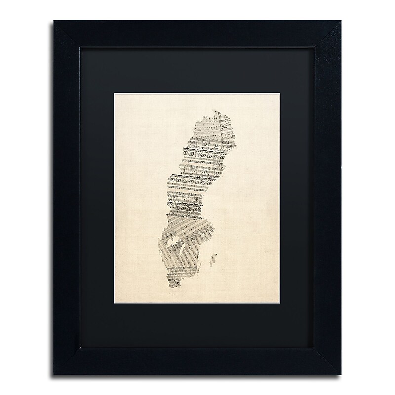 Trademark Fine Art ''Old Sheet Music Map of Sweden'' by Michael Tompsett 11" x 14" Black Matted Black Frame (MT0534-B1114BMF) image 1
