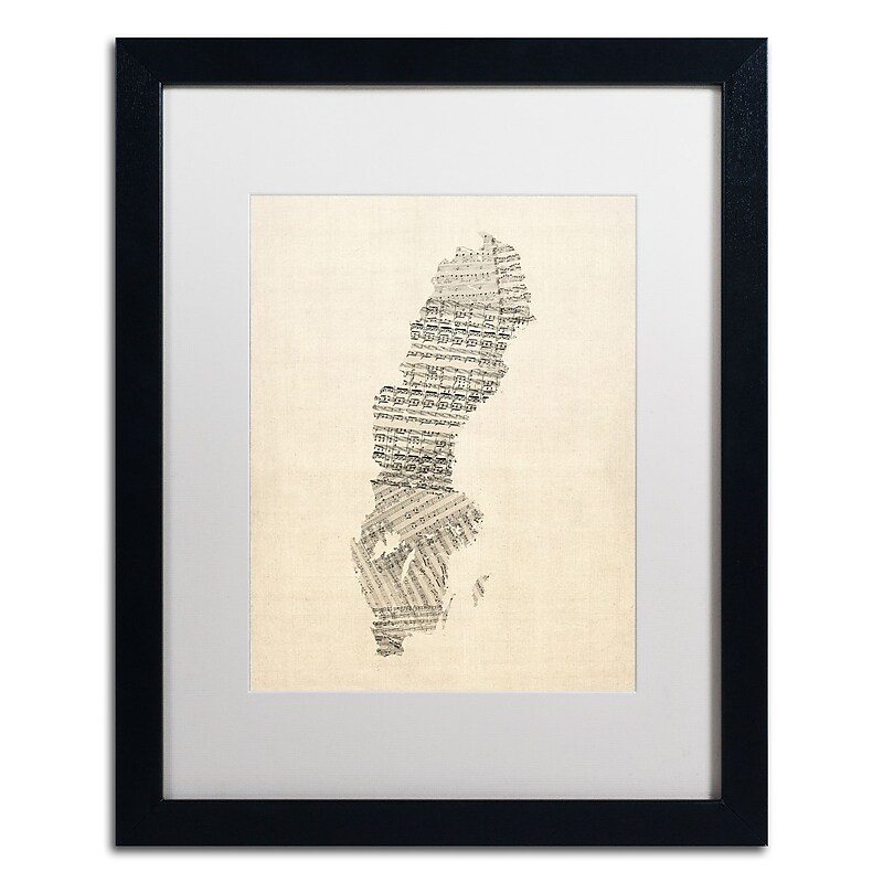 Trademark Fine Art ''Old Sheet Music Map of Sweden'' by Michael Tompsett 16" x 20" White Matted Black Frame (MT0534-B1620MF) image 1
