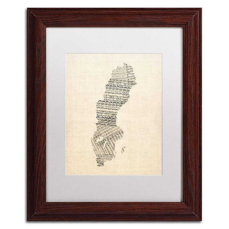 Trademark Fine Art ''Old Sheet Music Map of Sweden'' by Michael Tompsett 11" x 14" White Matted Wood Frame (MT0534-W1114MF) image 1