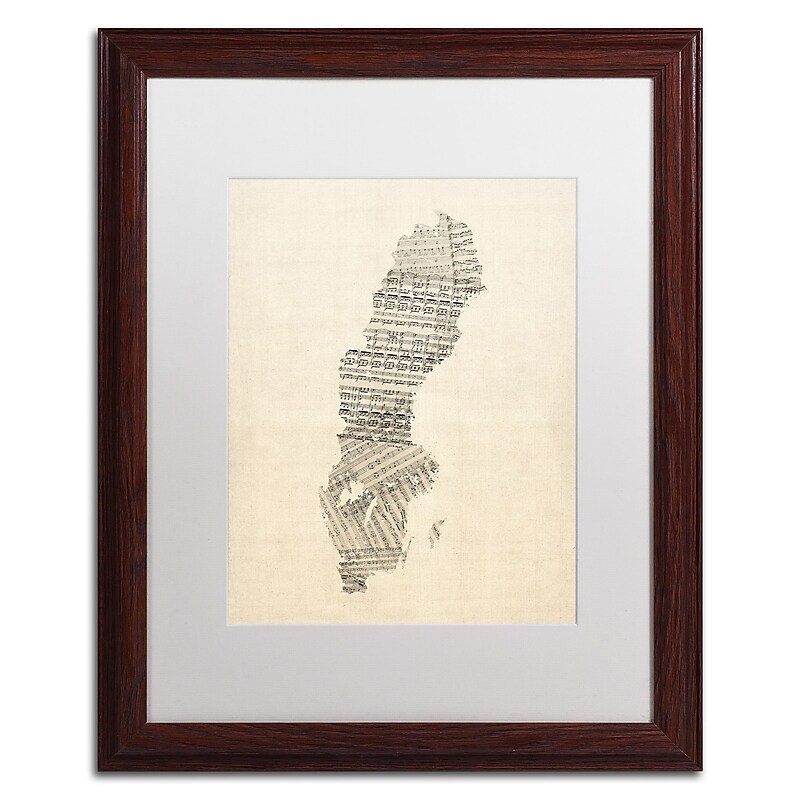 Trademark Fine Art ''Old Sheet Music Map of Sweden'' by Michael Tompsett 16" x 20" White Matted Wood Frame (MT0534-W1620MF) image 1